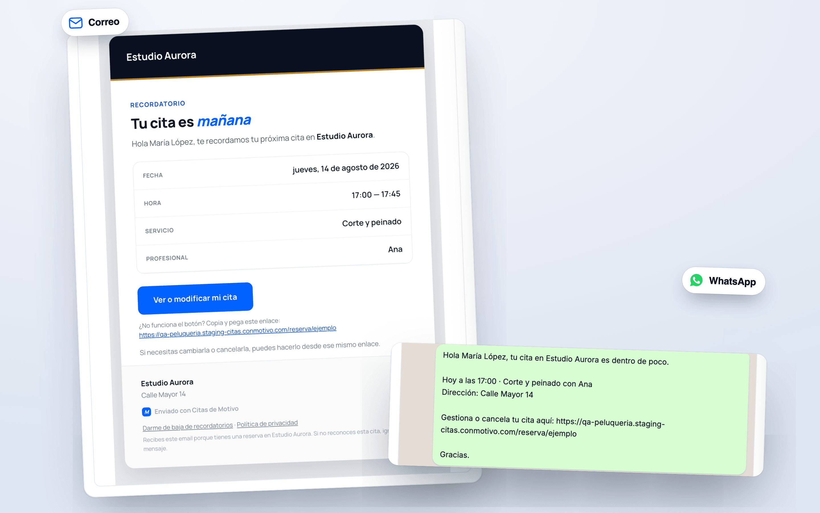 El correo de recordatorio y el mensaje de WhatsApp que recibe un cliente de Con Motivo antes de su cita