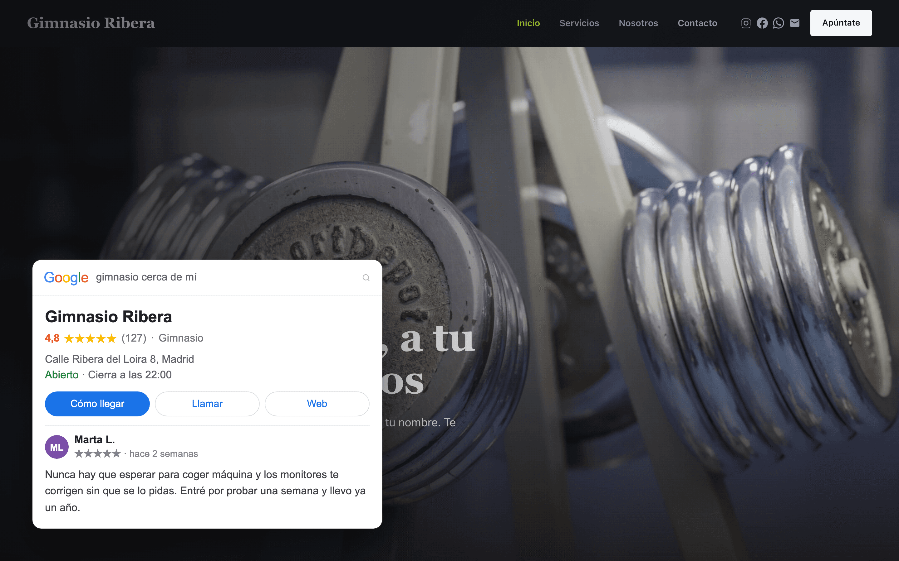 La web de un gimnasio hecha con Con Motivo y, encima, su ficha de Google con la valoración y una reseña